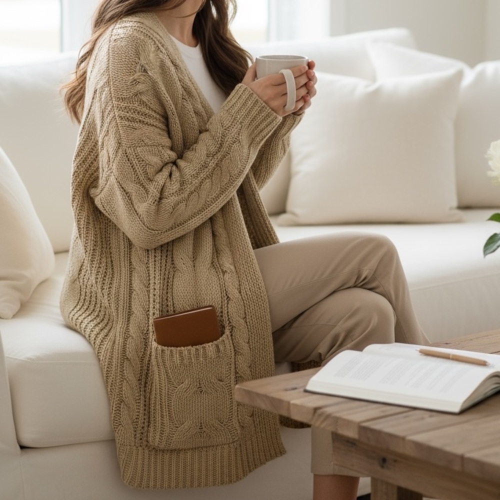 Love Tree Camel Cable Knit Open Front Cardigan Small